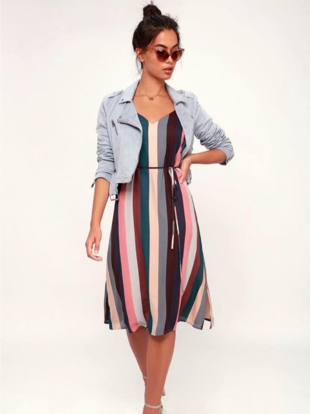 LuLu’s Erina Mauve Multi Stripe Belted Midi Slip Dress